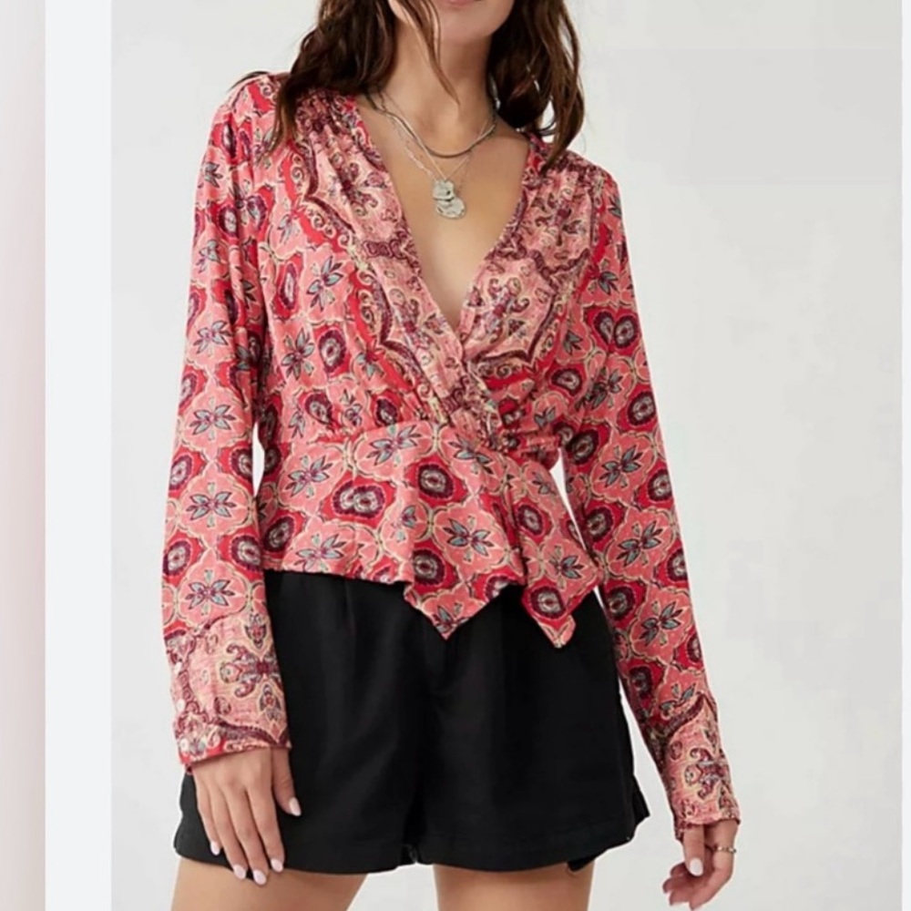 XL Free People Falling For You boho long sleeve Pink peplum blouse